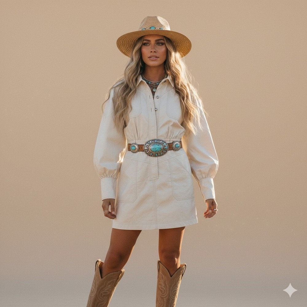 TCEC Ivory Faux Leather Utility Shirt Dress S Western Coastal Cowgirl Festival
